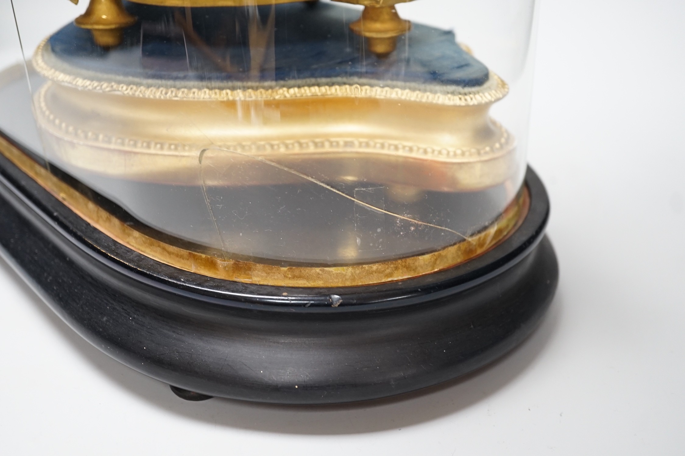 A French 19th century gilt metal clock by Phillipe H. Mourey on stand with glass dome, total height 49cm (dome a.f.)